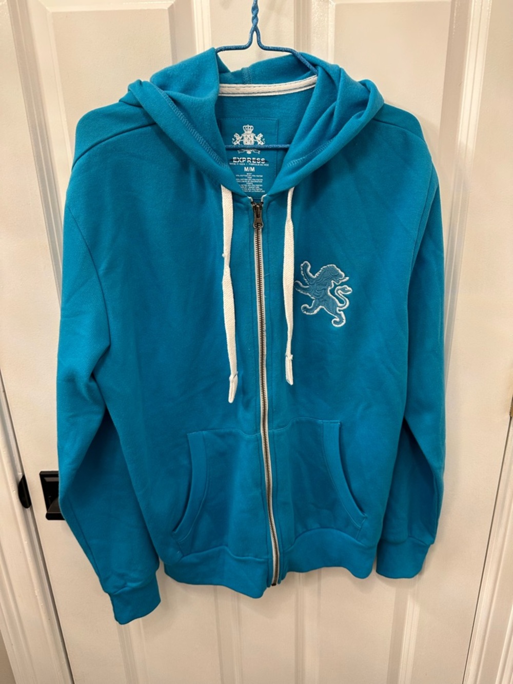 Express Turquoise Zip Hoodie with White Drawstrings